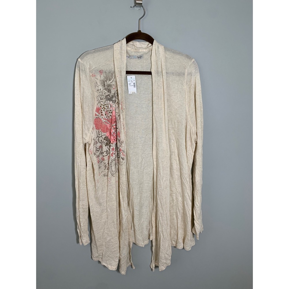NEW Maurices Cardigan Women Size 3 Cream Floral Studded Open Front Linen Blend